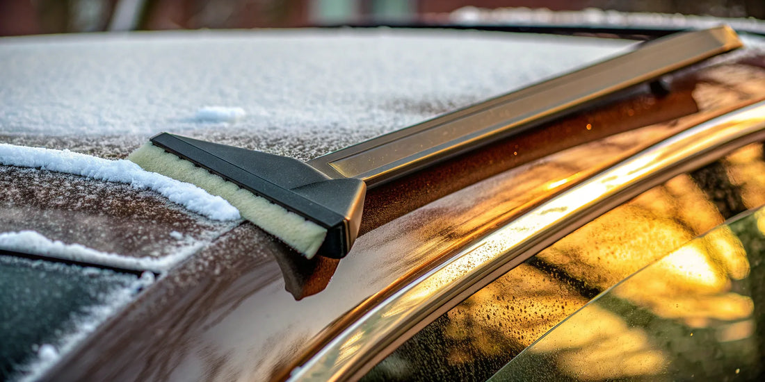 A heavy-duty silicone snow scraper safely clearing ice from a car without scratching the paint.