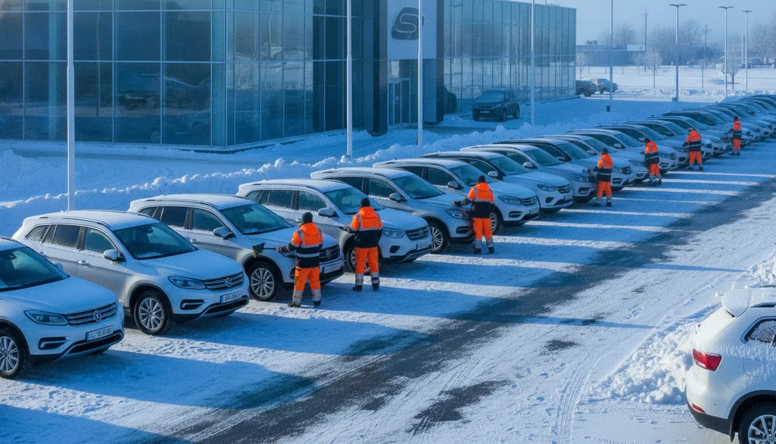 Dealership staff preparing snow-covered vehicles for winter