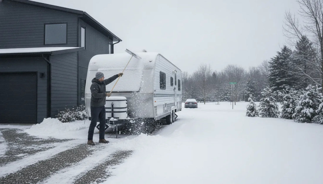 RV roof snow removal from the ground with a long-handled rake
