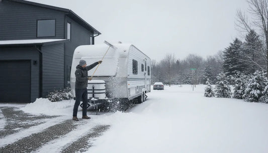 RV roof snow removal from the ground with a long-handled rake