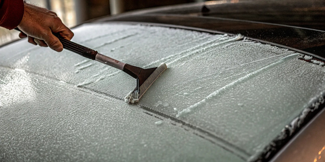 A durable car ice scraper clearing thick ice from a frozen windshield.