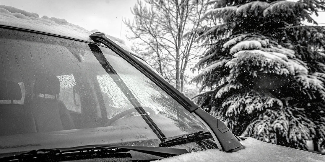 An extra long snow scraper clearing heavy snow from the roof of an RV.