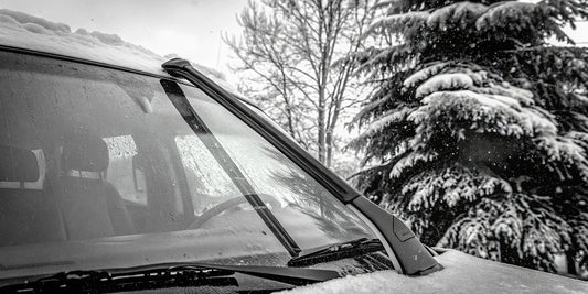 An extra long snow scraper clearing heavy snow from the roof of an RV.