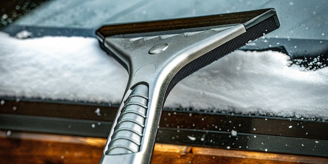 A branded snow and ice scraper clearing a frosted car windshield.