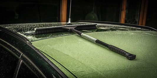 The best ice scraper for trucks using a long handle and wide blade to clear ice from a large windshield.
