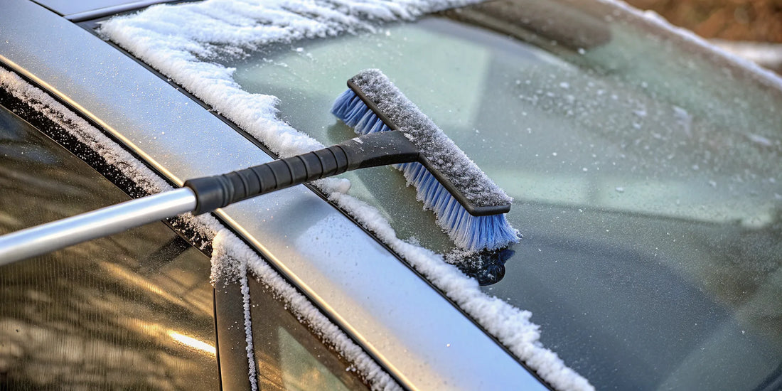 A long-handled snow brush for a car clearing heavy snow from a windshield.