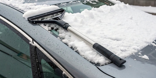 A snow scraper, the best tool to safely remove snow from a car.