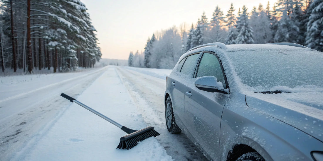 Clearing snow from a car, a key step on a winter car maintenance checklist.