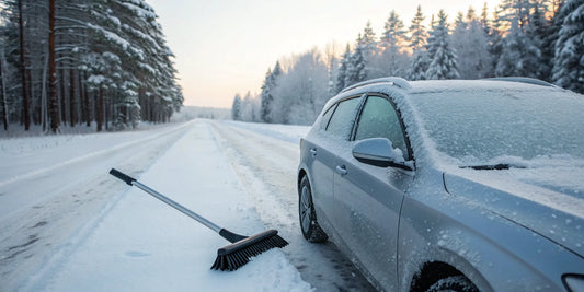 Clearing snow from a car, a key step on a winter car maintenance checklist.