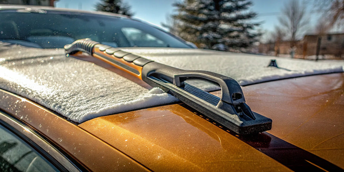 The Edge snow scraper reviews show it clearing ice and snow from a car with ease.