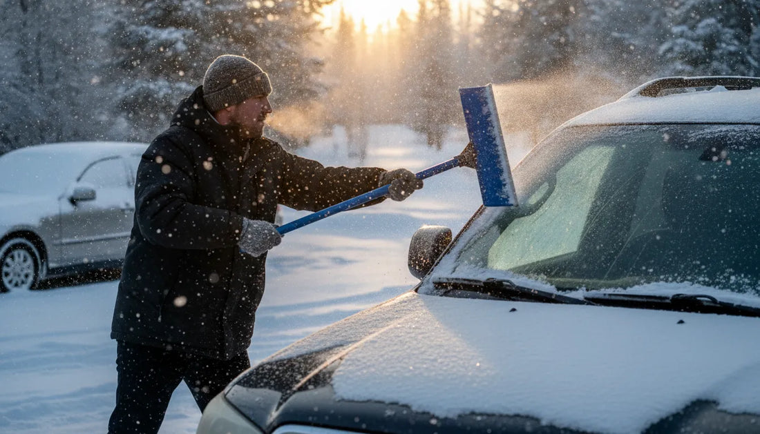 Driver clearing fresh snow off a car windshield quickly with a super-sized Edge snow scraper at sunrise