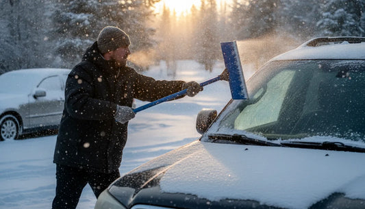Driver clearing fresh snow off a car windshield quickly with a super-sized Edge snow scraper at sunrise