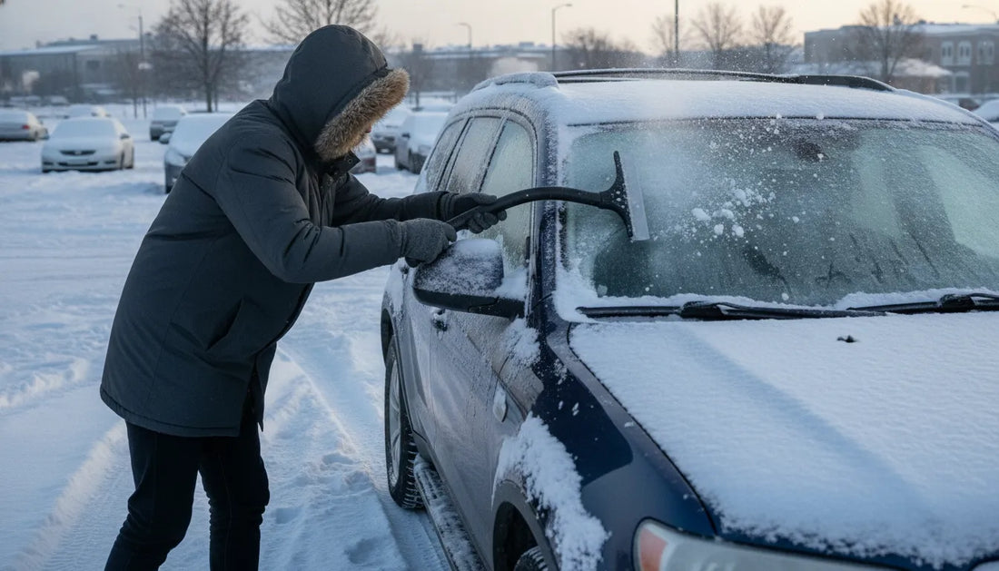 Person clearing snow from a car windshield with a wide ice scraper on a snowy morning