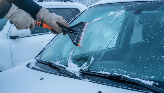 The Edge oversized scraper clearing ice from a windshield wiper blade