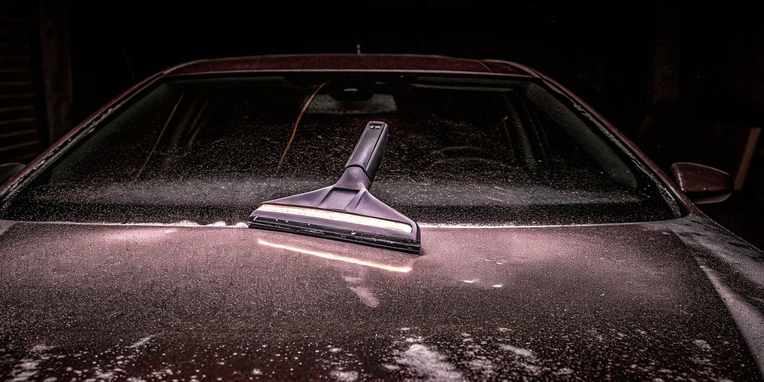Thundersnow ice scraper's brass blade on a car windshield covered in thick ice.