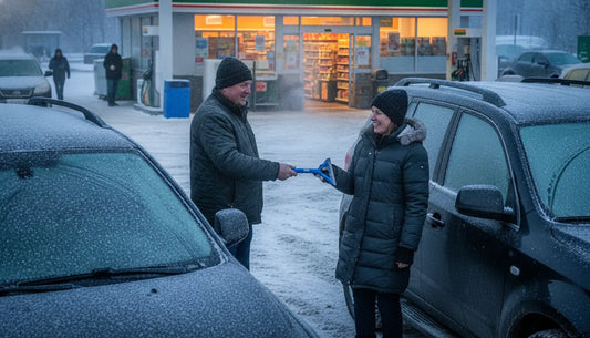 Gas station owner handing a custom ice scraper to a driver on a frosty winter morning