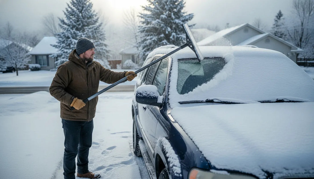 Wide super-sized Edge scraper clearing snow across a car windshield