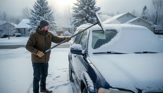 Wide super-sized Edge scraper clearing snow across a car windshield