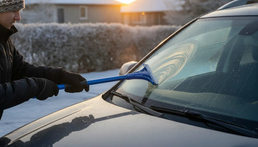 Gloved driver using a broad scraper to clear frost from a windshield