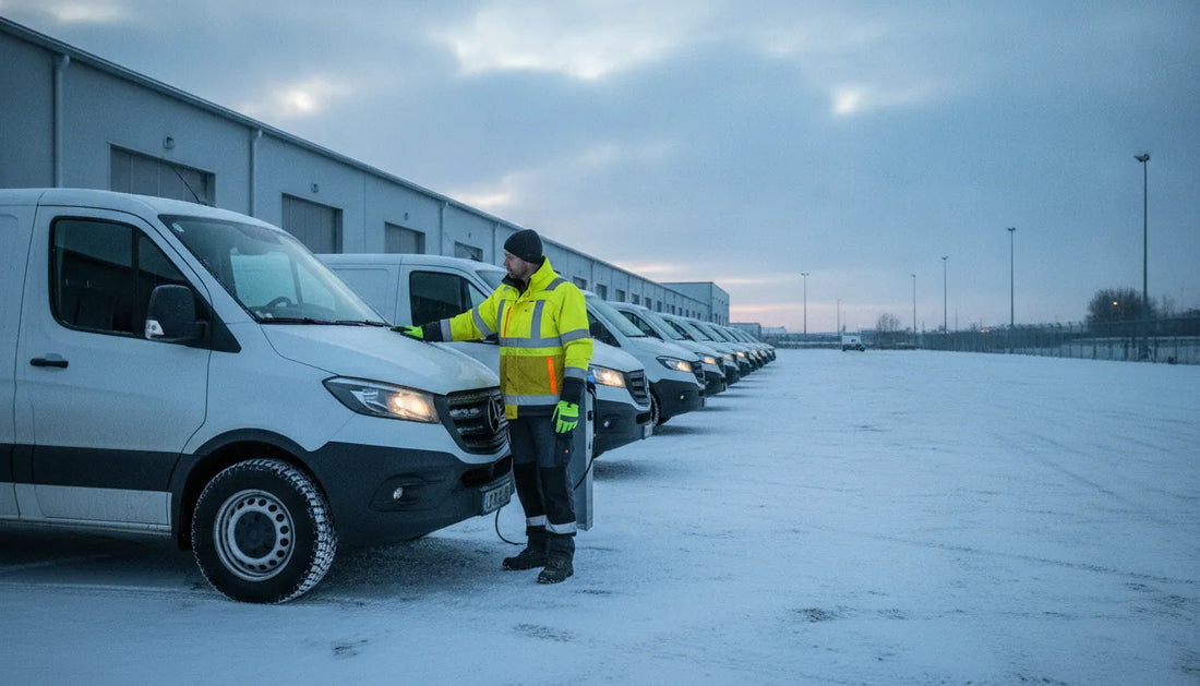 Electric delivery vans and a fleet manager preparing for winter operations at a snowy depot