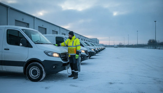 Electric delivery vans and a fleet manager preparing for winter operations at a snowy depot
