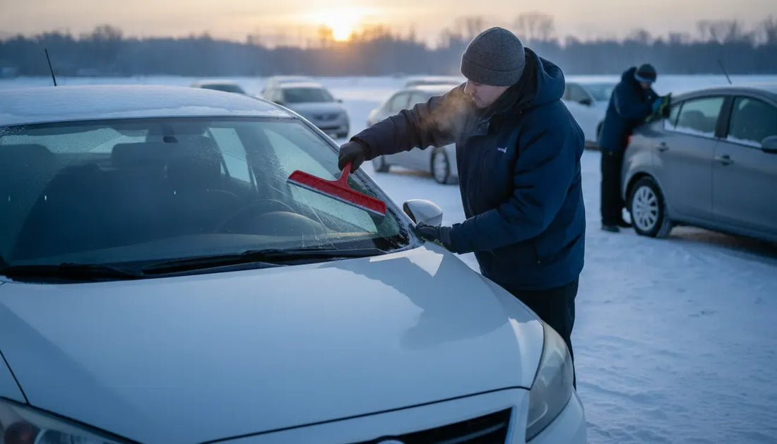 Rental team preparing a car for winter service in a snowy lot