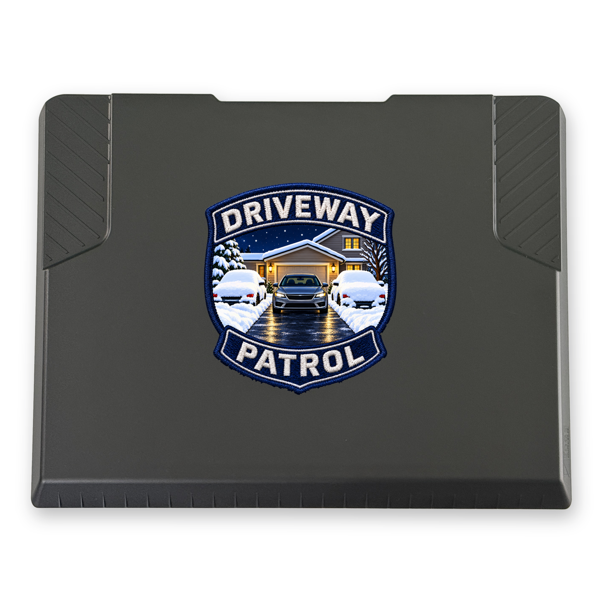 The EDGE snow and ice scraper with the Driveway Patrol Badge print, 8 x 8 in, top view