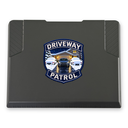 The EDGE snow and ice scraper with the Driveway Patrol Badge print, 8 x 8 in, top view