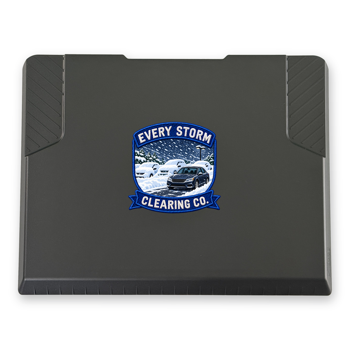 The EDGE snow and ice scraper with the Every Storm Clearing Co. print, 6 x 6 in, top view