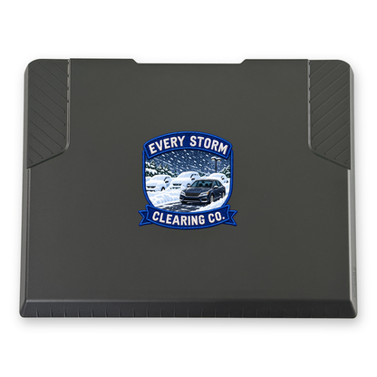 The EDGE snow and ice scraper with the Every Storm Clearing Co. print, 6 x 6 in, top view