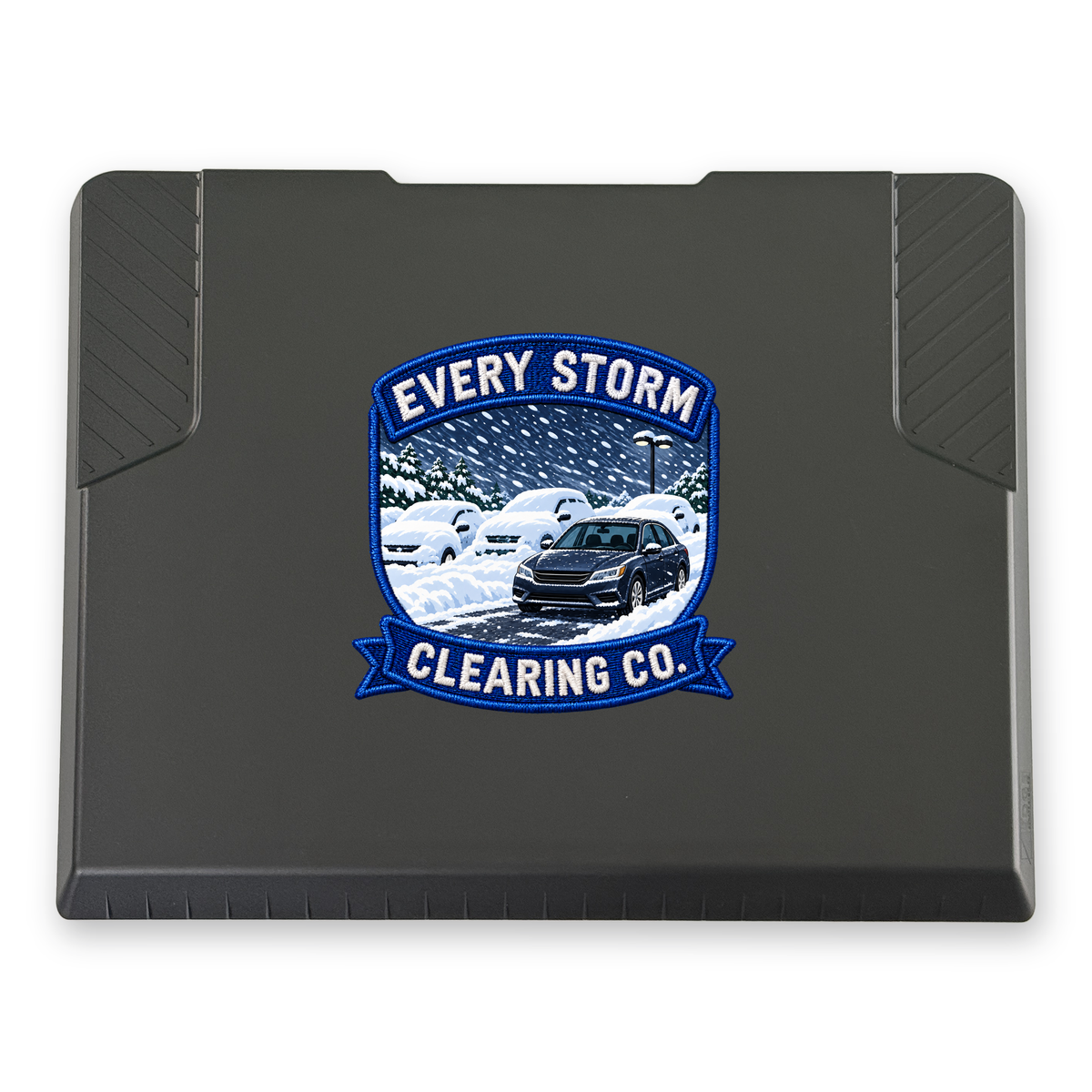 The EDGE snow and ice scraper with the Every Storm Clearing Co. print, 8 x 8 in, top view