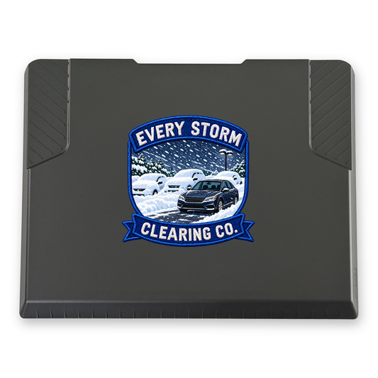 The EDGE snow and ice scraper with the Every Storm Clearing Co. print, 8 x 8 in, top view