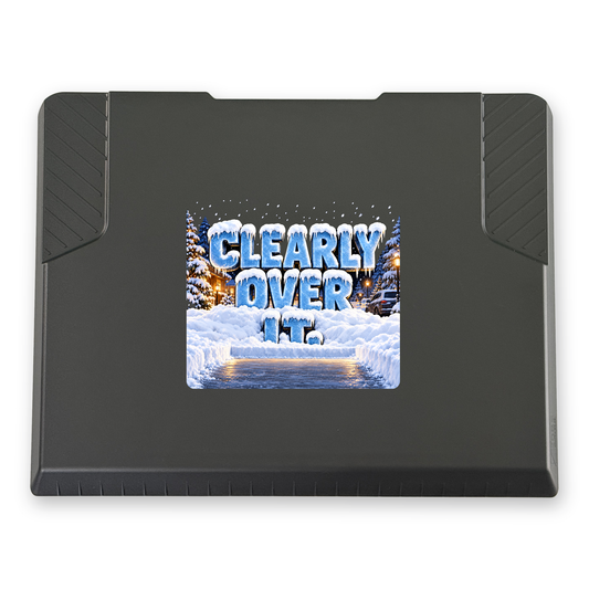 The EDGE snow and ice scraper with the Clearly Over It print, 8 x 8 in, top view