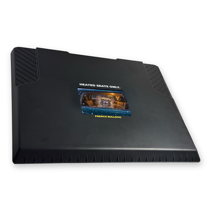 The EDGE snow and ice scraper with the French Bulldog design "Heated Seats Only", 6 x 6 in, angled view