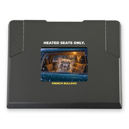 The EDGE snow and ice scraper with the French Bulldog design "Heated Seats Only", 8 x 8 in, top view
