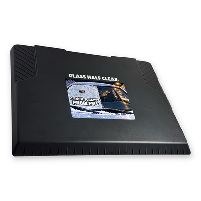 The EDGE snow and ice scraper with the Glass Half Clear print, 8 x 8 in, angled view