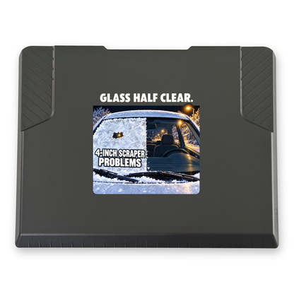 The EDGE snow and ice scraper with the Glass Half Clear print, 8 x 8 in, top view