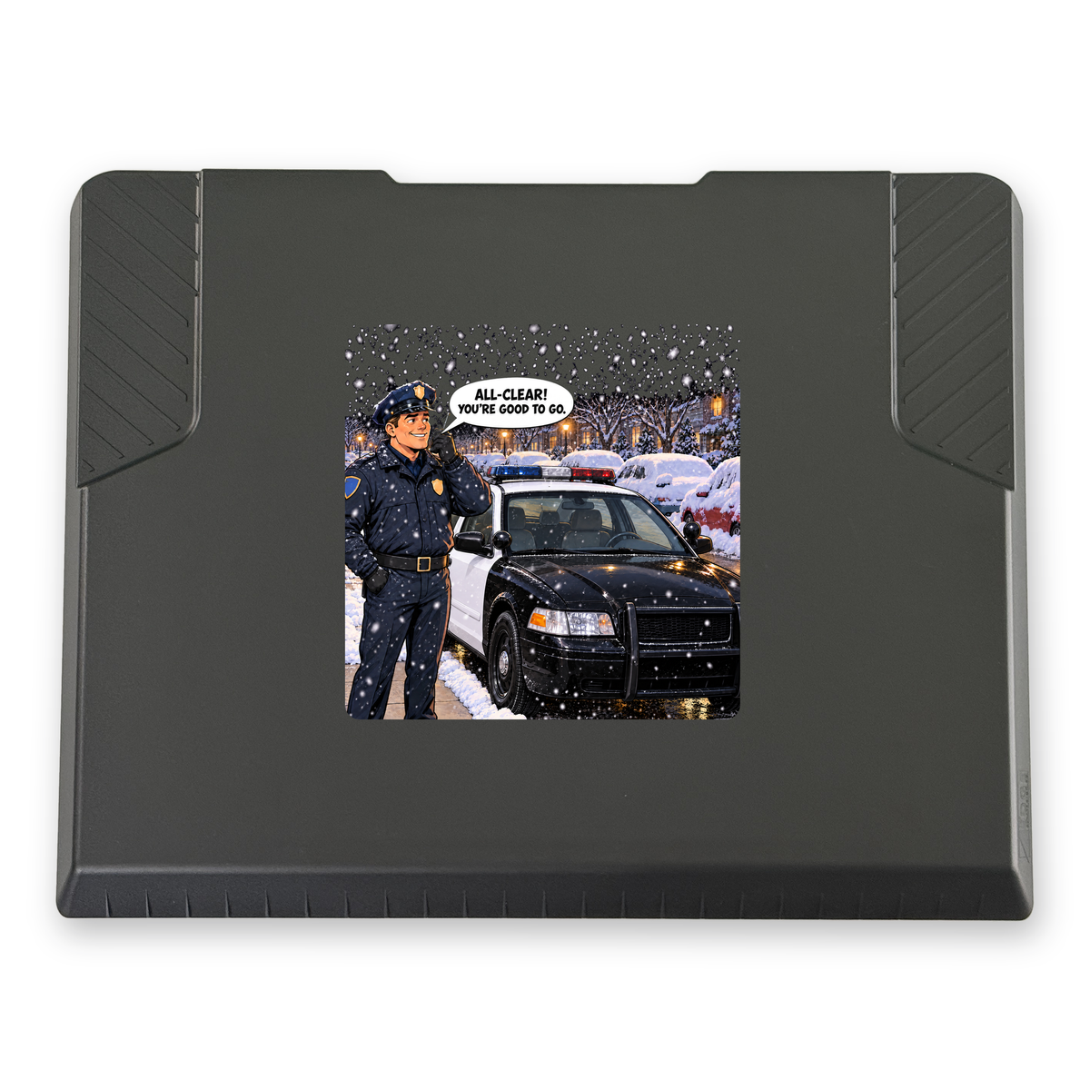 The EDGE snow and ice scraper with the All Clear: Police print, 8 x 8 in, top view