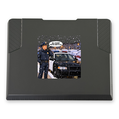 The EDGE snow and ice scraper with the All Clear: Police print, 8 x 8 in, top view