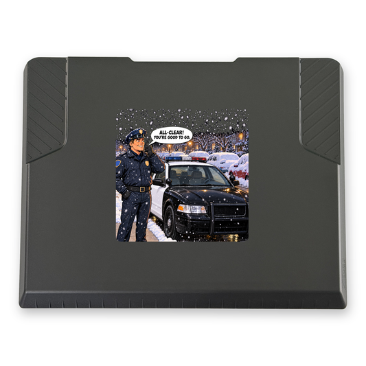 The EDGE snow and ice scraper with the All Clear: Police print, 8 x 8 in, top view