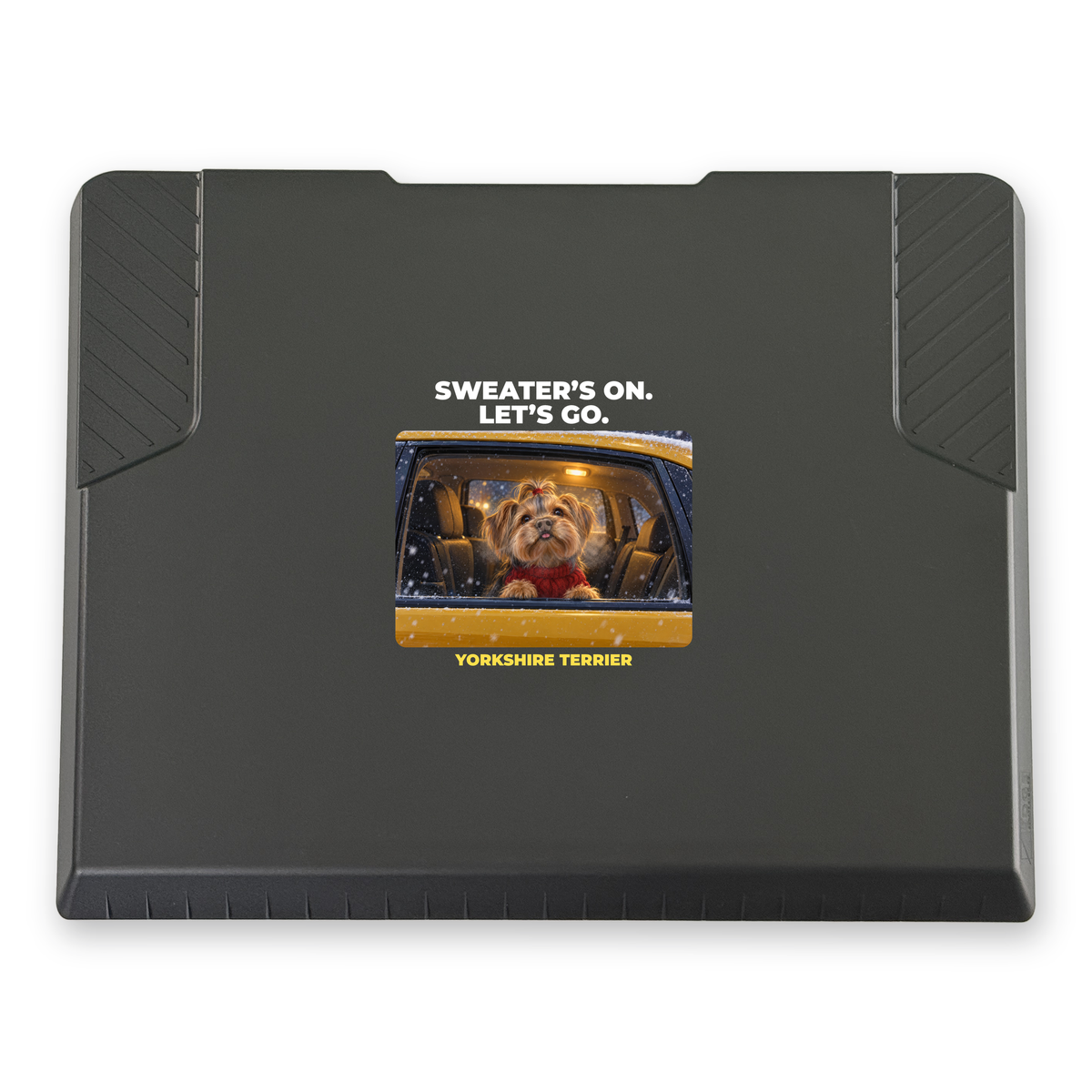 The EDGE snow and ice scraper with the Yorkshire Terrier design "Sweater's On. Let's Go", 6 x 6 in, top view