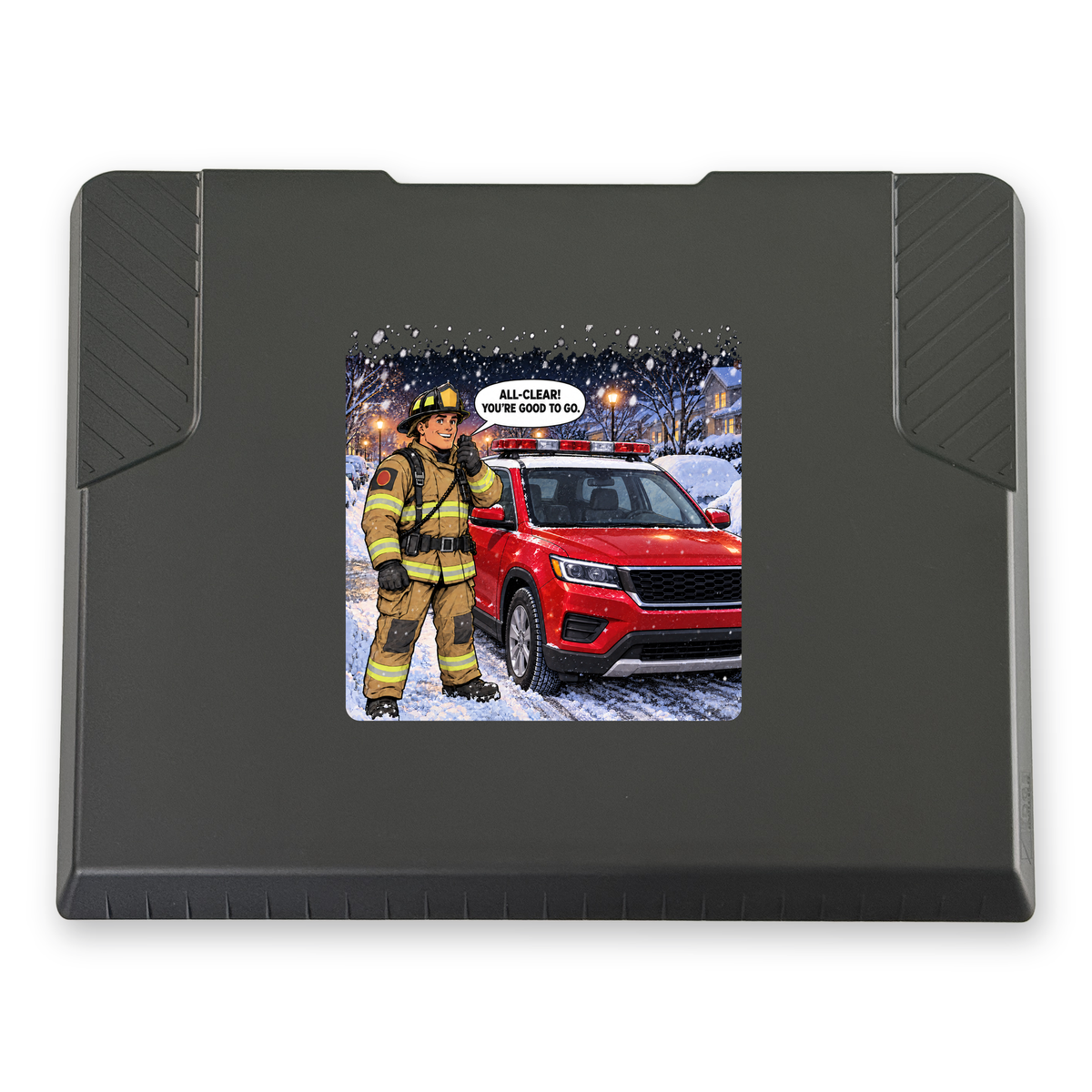 The EDGE snow and ice scraper with the All Clear: Fire print, 8 x 8 in, top view