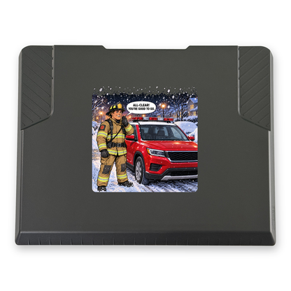 The EDGE snow and ice scraper with the All Clear: Fire print, 8 x 8 in, top view