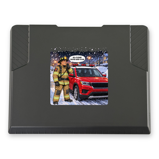 The EDGE snow and ice scraper with the All Clear: Fire print, 8 x 8 in, top view