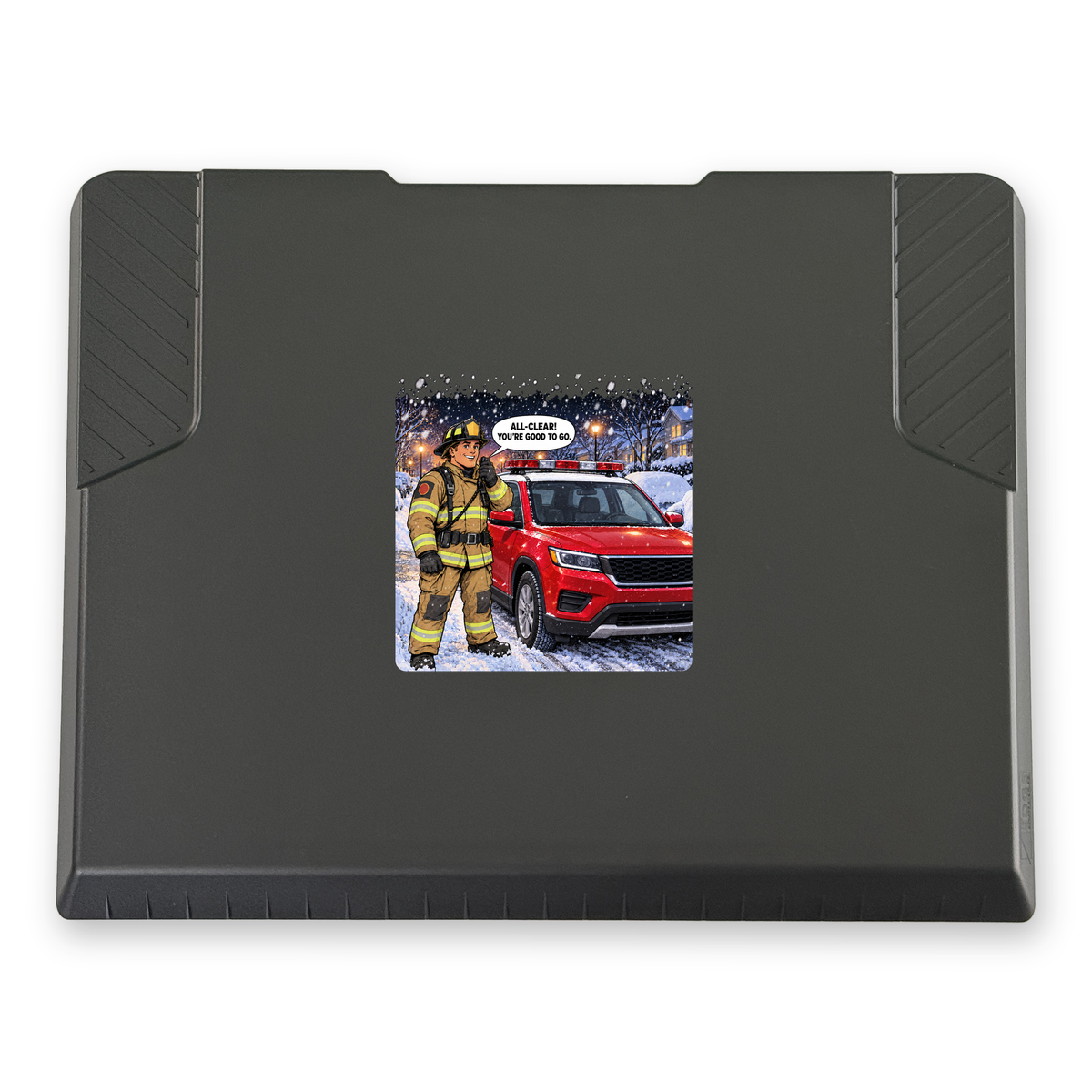 The EDGE snow and ice scraper with the All Clear: Fire print, 6 x 6 in, top view