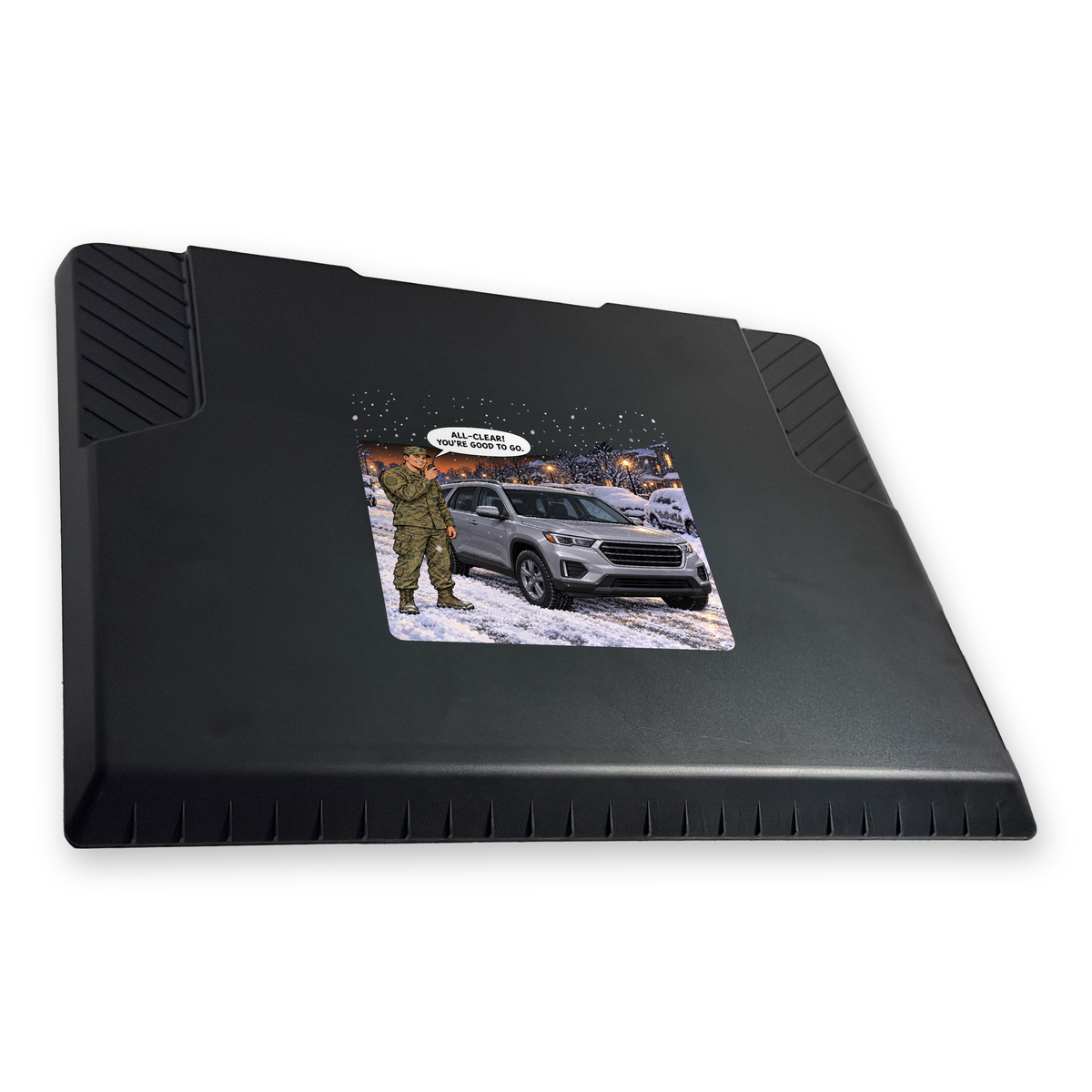 The EDGE snow and ice scraper with the All Clear: Military print, 8 x 8 in, angled view