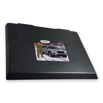 The EDGE snow and ice scraper with the All Clear: Military print, 8 x 8 in, angled view