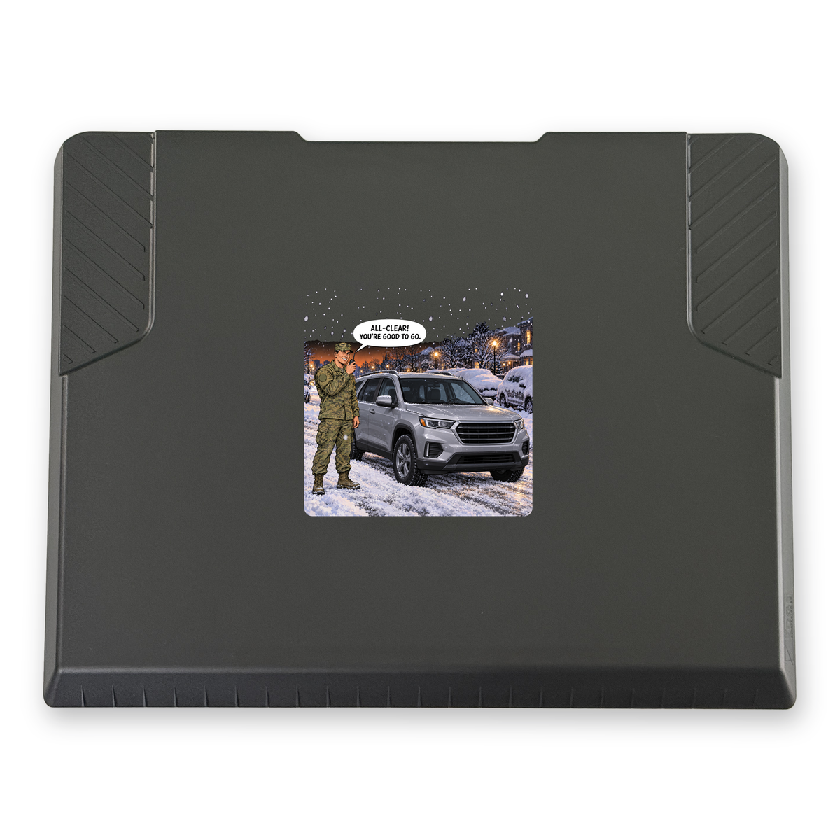 The EDGE snow and ice scraper with the All Clear: Military print, 6 x 6 in, top view