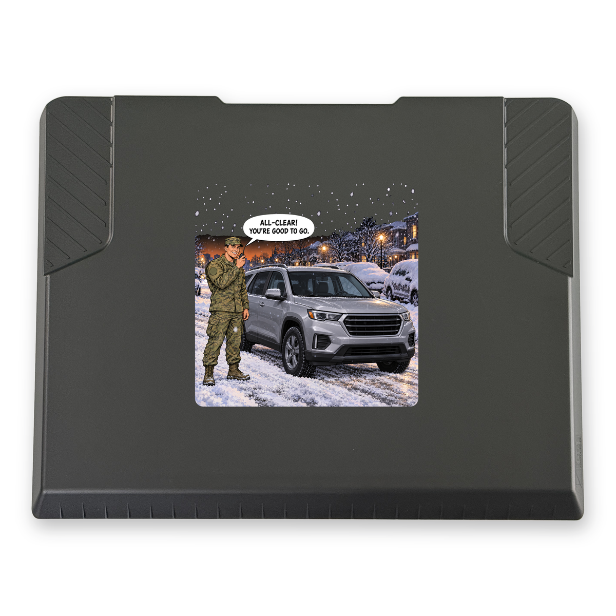 The EDGE snow and ice scraper with the All Clear: Military print, 8 x 8 in, top view