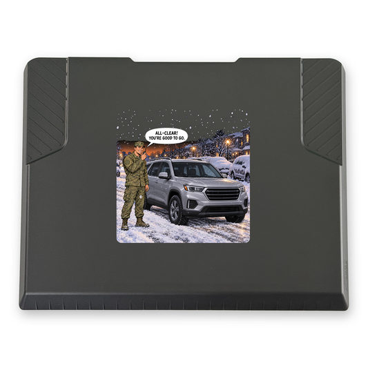 The EDGE snow and ice scraper with the All Clear: Military print, 8 x 8 in, top view